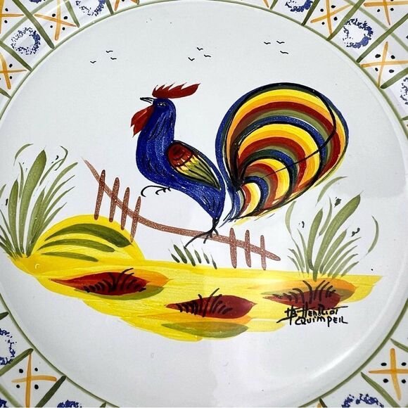 Henriot Quimper France Multicolor Rooster 10" Wall Hang Plate Hand Painted - Picture 3 of 7